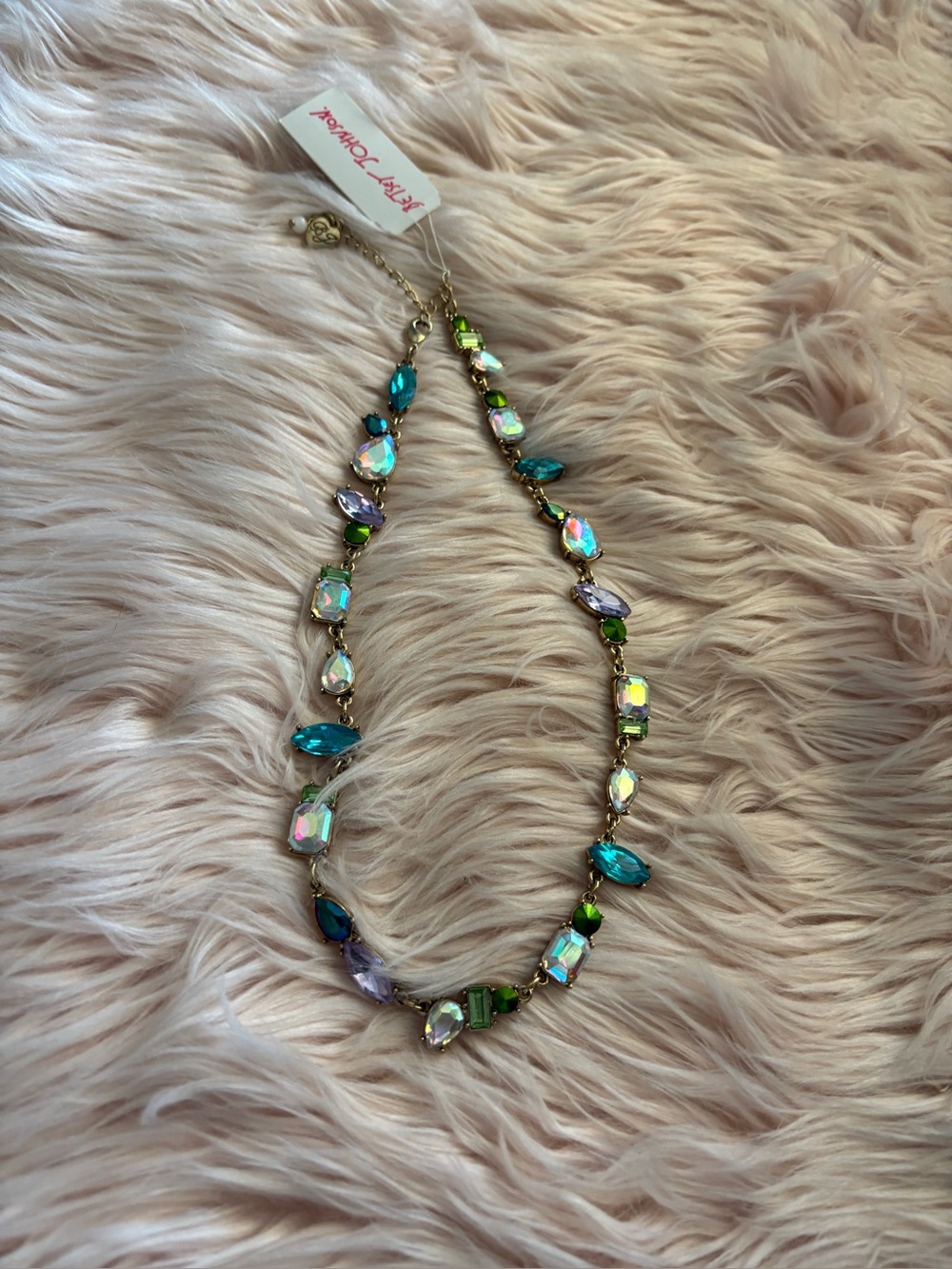 Betsey Johnson iridescent teal green and purple crystal necklace